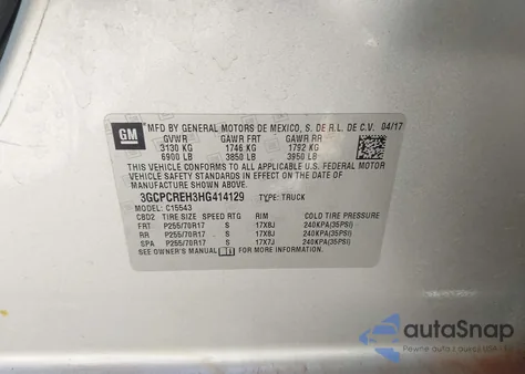 2017 Chevrolet Silverado 1500 1Lt from USA, damaged, VIN 3GCPCREH3HG414129